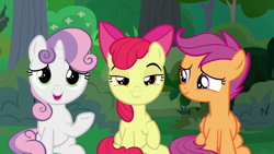 Size: 1920x1080 | Tagged: safe, derpibooru import, screencap, apple bloom, scootaloo, sweetie belle, the big mac question, cutie mark crusaders