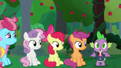 Size: 1920x1080 | Tagged: safe, derpibooru import, screencap, apple bloom, cup cake, scootaloo, spike, sweetie belle, dragon, the big mac question, apple, apple tree, cutie mark crusaders, tree, winged spike