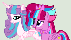 Size: 1148x656 | Tagged: safe, artist:jadethepegasus, derpibooru import, princess flurry heart, oc, oc:bubble sparkle, alternate universe, base used, bubbleverse, cousins, female, magical lesbian spawn, magical threesome spawn, multiple parents, next generation, offspring, older, older flurry heart, parent:glitter drops, parent:spring rain, parent:tempest shadow, parent:twilight sparkle, parents:glittershadow, parents:sprglitemplight, parents:springdrops, parents:springshadow, parents:springshadowdrops, simple background, transparent background