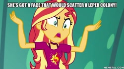 Size: 600x337 | Tagged: safe, derpibooru import, edit, edited screencap, screencap, sunset shimmer, equestria girls, spring breakdown, caption, duckman, female, image macro, solo, text