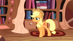 Size: 1280x720 | Tagged: safe, derpibooru import, screencap, applejack, earth pony, pony, spike at your service, female, golden oaks library, mare, solo, walking