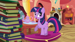 Size: 1280x720 | Tagged: safe, derpibooru import, screencap, twilight sparkle, unicorn twilight, pony, unicorn, spike at your service, book, bookshelf, cushion, female, food, golden oaks library, raised hoof, solo, tea