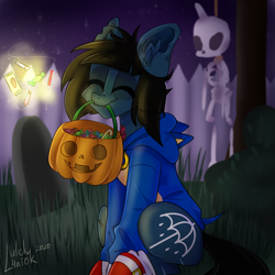 Size: 1200x1200 | Tagged: safe, alternate version, artist:lulek4aiok, derpibooru import, earth pony, pony, undead, zombie, zombie pony, bone, bring me the horizon, candy, clothes, commission, costume, decoration, eyes closed, fangs, fence, food, glasgow smile, grass, gravestone, halloween, halloween costume, happy, holiday, hoodie, jack-o-lantern, male, mouth hold, night, night sky, oliver sykes, outdoors, ponified, pumpkin, scar, signature, sitting, skeleton, sky, smiling, sonic the hedgehog, sonic the hedgehog (series), stallion, stars, stitches, tattoo, torn ear, tree, ych result