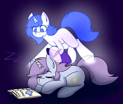 Size: 2621x2212 | Tagged: safe, artist:askhypnoswirl, derpibooru import, oc, oc only, oc:swirly daze, ghost, pony, undead, unicorn, astral projection, book, bow, female, floating, glow, high res, looking down, lying down, mare, onomatopoeia, out of body experience, prone, purple background, simple background, sleeping, smiling, solo, sound effects, zzz