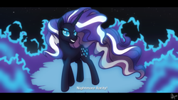 Size: 1920x1080 | Tagged: safe, artist:whitequartztheartist, derpibooru import, idw, nightmare rarity, unicorn, blue fire, magic, night, shadows