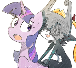 Size: 1555x1400 | Tagged: safe, artist:nendo, derpibooru import, twilight sparkle, twilight sparkle (alicorn), unicorn twilight, alicorn, unicorn, crossover, midna, open mouth, riding a pony, simple background, the legend of zelda, the legend of zelda: twilight princess, white background