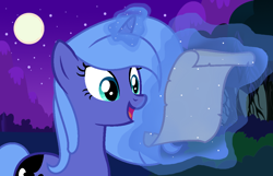 Size: 1082x698 | Tagged: safe, artist:stellamoonshine, derpibooru import, princess luna, alicorn, pony, female, levitation, magic, mare, night, open mouth, open smile, reading, s1 luna, scroll, smiling, solo, telekinesis