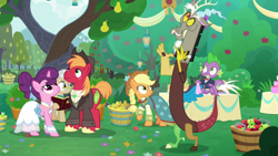 Size: 1920x1080 | Tagged: safe, derpibooru import, screencap, applejack, big macintosh, discord, mayor mare, spike, sugar belle, dragon, earth pony, pony, the big mac question, apple, apple tree, book, food, intertwined trees, pear, pear tree, rock, tree, winged spike