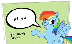 Size: 2009x1217 | Tagged: safe, anonymous artist, derpibooru import, rainbow dash, pegasus, pony, /mlp/, advice, drawthread, female, five nights at fuckboy's, git gud, my little fucking pony, raised hoof, requested art, solo, speech bubble, talking to viewer