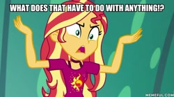 Size: 600x337 | Tagged: safe, derpibooru import, edit, edited screencap, screencap, sunset shimmer, better together, equestria girls, spring breakdown, caption, female, image macro, solo, text