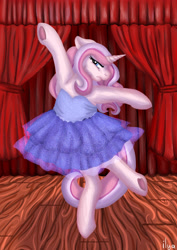 Size: 2894x4093 | Tagged: safe, artist:sugar lollipop, derpibooru import, oc, oc only, oc:sugar lollipop, unicorn, angry, arms in the air, ballerina, ballet, chubby, clothes, complex background, cute, dancing, dress, en pointe, female, females only, frog (hoof), horn, request, requested art, scenery, solo, tiptoe, tutu, underhoof, unicorn oc