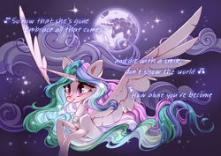 Size: 4093x2894 | Tagged: safe, artist:shore2020, derpibooru import, princess celestia, alicorn, pony, crying, female, jewelry, mare, mare in the moon, moon, necklace, night, solo, spread wings, wings