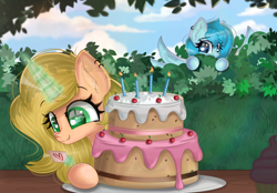 Size: 6111x4248 | Tagged: safe, artist:janelearts, derpibooru import, oc, oc only, pegasus, pony, unicorn, cake, female, food, magic, mare