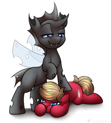 Size: 2632x2919 | Tagged: safe, artist:cornelia_nelson, derpibooru import, oc, oc only, oc:lunason, oc:spacehorse, changeling, earth pony, domination, duo, lying, stepped on