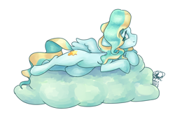 Size: 1500x1000 | Tagged: safe, artist:mannybcadavera, derpibooru import, vapor trail, pegasus, pony, cloud, female, lying down, mare, prone, simple background, solo, white background