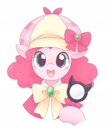 Size: 1729x2048 | Tagged: safe, artist:ginmaruxx, derpibooru import, pinkie pie, earth pony, pony, alternate hairstyle, bust, clothes, cute, deerstalker, detective, diapinkes, female, hat, hoof hold, looking at you, magnifying glass, mare, open mouth, simple background, smiling, solo, white background