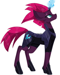 Size: 1024x1273 | Tagged: safe, artist:darkjillmlp123, derpibooru import, tempest shadow, pony, unicorn, armor, broken horn, eye scar, female, glowing horn, horn, looking up, mare, scar, simple background, solo, standing, transparent background