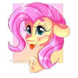 Size: 2000x2000 | Tagged: safe, artist:darkjillmlp123, derpibooru import, fluttershy, pegasus, pony, :p, beanbrows, blushing, bust, chest fluff, eyebrows, eyebrows visible through hair, female, floppy ears, gradient background, high res, looking at you, mare, partial background, portrait, simple background, smiling, solo, sparkles, three quarter view, tongue out, transparent background