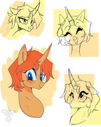 Size: 768x960 | Tagged: safe, artist:fernandojc-draftsman, derpibooru import, oc, oc only, oc:creativity style, pony, unicorn, blushing, bust, eyes closed, female, frown, horn, lineart, mare, rule 63, smiling, unicorn oc