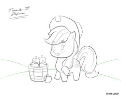 Size: 894x720 | Tagged: safe, artist:fernandojc-draftsman, derpibooru import, earth pony, pony, apple, bucket, chibi, female, food, freckles, hat, lineart, mare, monochrome, signature, smiling, solo