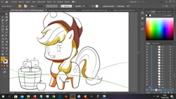 Size: 1366x768 | Tagged: safe, artist:fernandojc-draftsman, derpibooru import, screencap, earth pony, pony, apple, bucket, chibi, female, food, freckles, hat, lineart, mare, partial color, signature, smiling, solo