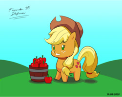 Size: 902x720 | Tagged: safe, alternate version, artist:fernandojc-draftsman, derpibooru import, applejack, earth pony, pony, apple, bucket, chibi, colored, female, food, freckles, hat, mare, signature, smiling, solo