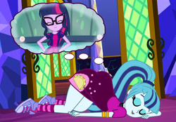 Size: 3000x2083 | Tagged: safe, derpibooru import, sci-twi, sonata dusk, twilight sparkle, equestria girls, clothes, converse, dream bubble, female, lesbian, sci-twinata, shipping, shoes, sleeping, socks, twilight's castle, twinata