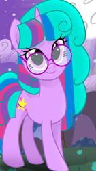 Size: 1080x1920 | Tagged: safe, artist:sallyso, derpibooru import, oc, oc:velvet berrytwist, unicorn, alternate universe, bubbleverse, female, glasses, magical lesbian spawn, magical threesome spawn, multiple parents, next generation, offspring, parent:glitter drops, parent:spring rain, parent:tempest shadow, parent:twilight sparkle, parents:glittershadow, parents:sprglitemplight, parents:springdrops, parents:springshadow, parents:springshadowdrops