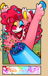 Size: 666x1063 | Tagged: safe, alternate version, artist:charlie-fell, derpibooru import, pinkie pie, earth pony, pony, :d, bust, cheering, chest fluff, clown, confetti, eyes closed, female, hoof polish, mare, open mouth, party cannon, smiling, unshorn fetlocks