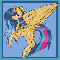 Size: 2449x2449 | Tagged: safe, artist:toptian, derpibooru import, oc, oc only, alicorn, pony, alicorn oc, female, horn, mare, offspring, parent:flash sentry, parent:twilight sparkle, parents:flashlight, rearing, smiling, solo, underhoof, wings