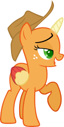 Size: 975x1926 | Tagged: safe, artist:pegasski, derpibooru import, applejack, oc, oc only, alicorn, earth pony, pony, fame and misfortune, alicorn oc, bald, base, bedroom eyes, eyelashes, freckles, hat, horn, open mouth, raised hoof, simple background, smiling, solo, transparent background, two toned wings, wings