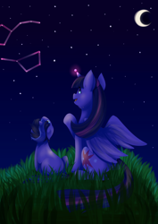 Size: 2000x2828 | Tagged: safe, artist:littaly, artist:little-tweenframes, derpibooru import, twilight sparkle, twilight sparkle (alicorn), oc, oc:vesper, oc:vespera, alicorn, pony, constellation, crescent moon, deleted from derpibooru, duo, female, glowing horn, grass, hill, looking up, mama twilight, mare, moon, mother and child, mother and daughter, next generation, night, offspring, parent and child, parent:flash sentry, parent:twilight sparkle, parents:flashlight, rear view, smiling, stars