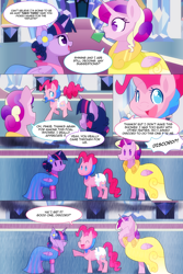 Size: 1000x1500 | Tagged: safe, artist:little-tweenframes, derpibooru import, pinkie pie, princess cadance, twilight sparkle, twilight sparkle (alicorn), alicorn, pony, baby shower, comic, deleted from derpibooru, diaper, facehoof, female, from love comes life, mare, pacifier, pregnant, pun, rain