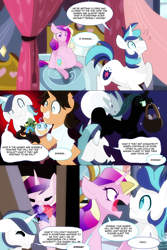 Size: 1000x1500 | Tagged: safe, artist:little-tweenframes, derpibooru import, princess cadance, queen chrysalis, shining armor, alicorn, changeling, changeling queen, pony, unicorn, comic, deleted from derpibooru, from love comes life, panic, pregnant, worried