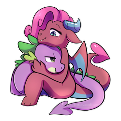 Size: 1000x1000 | Tagged: safe, artist:little-tweenframes, derpibooru import, mina, spike, dragon, blushing, couple, cuddling, deleted from derpibooru, dragoness, female, floppy ears, hug, lidded eyes, looking down, male, shipping, simple background, sitting, smiling, spina, spread wings, straight, transparent background