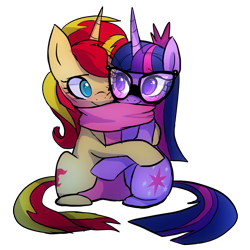 Size: 1000x1000 | Tagged: safe, artist:little-tweenframes, derpibooru import, sci-twi, sunset shimmer, twilight sparkle, pony, unicorn, series:sciset diary, blushing, clothes, cuddling, cute, deleted from derpibooru, female, glasses, lesbian, mare, ponified, scarf, scitwishimmer, shared clothing, shared scarf, shimmerbetes, shipping, simple background, sitting, snuggling, sunsetsparkle, transparent background, twiabetes, unicorn sci-twi