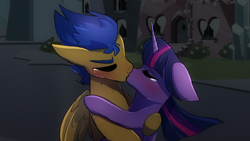 Size: 3000x1688 | Tagged: safe, artist:little-tweenframes, derpibooru import, flash sentry, twilight sparkle, twilight sparkle (alicorn), alicorn, pony, blushing, crying, deleted from derpibooru, flashlight, injured, kissing, male, shipping, straight, tears of joy