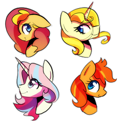 Size: 1000x1000 | Tagged: safe, artist:little-tweenframes, derpibooru import, oc, oc only, oc:flare sparks, oc:sparkling dawn, oc:sunlight sparkles, oc:sunrises, earth pony, pony, unicorn, bust, deleted from derpibooru, next generation, offspring, parent:comet tail, parent:double diamond, parent:flash sentry, parent:prince blueblood, parent:sunset shimmer, parents:cometshimmer, parents:doubleset, parents:flashimmer, parents:sunblood, simple background, smiling, transparent background