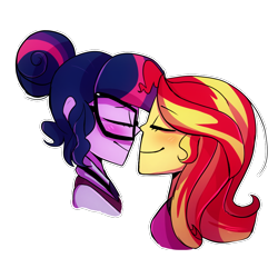 Size: 1000x1000 | Tagged: safe, artist:little-tweenframes, derpibooru import, sci-twi, sunset shimmer, twilight sparkle, series:sciset diary, equestria girls, blushing, boop, clothes, cute, deleted from derpibooru, eyes closed, female, glasses, lesbian, noseboop, nuzzling, school uniform, scitwishimmer, shipping, simple background, smiling, sunsetsparkle, transparent background