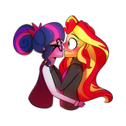 Size: 1000x1000 | Tagged: safe, artist:little-tweenframes, derpibooru import, sci-twi, sunset shimmer, twilight sparkle, series:sciset diary, equestria girls, blushing, clothes, deleted from derpibooru, eyes closed, female, glasses, hug, imminent kissing, lesbian, scitwishimmer, shipping, simple background, sunsetsparkle, transparent background, wavy mouth, wide eyes