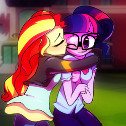 Size: 1000x1000 | Tagged: safe, artist:little-tweenframes, derpibooru import, sci-twi, sunset shimmer, twilight sparkle, series:sciset diary, equestria girls, canterlot high, clothes, courtyard, cute, deleted from derpibooru, eyes closed, female, glasses, hug, leather jacket, lesbian, one eye closed, pants, scitwishimmer, shipping, sunsetsparkle