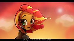 Size: 1280x720 | Tagged: safe, artist:little-tweenframes, derpibooru import, sunset shimmer, equestria girls, clothes, deleted from derpibooru, dialogue, leather jacket, looking back, open mouth, solo, widescreen