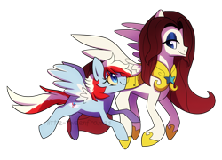 Size: 2740x1978 | Tagged: safe, artist:little-tweenframes, derpibooru import, oc, oc only, oc:blade dancer, oc:crystal dancer, pegasus, pony, commission, deleted from derpibooru, duo, eyeshadow, makeup, royal guard, simple background, transparent background