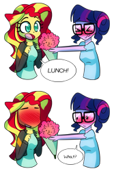 Size: 1000x1500 | Tagged: safe, artist:little-tweenframes, derpibooru import, sci-twi, sunset shimmer, twilight sparkle, series:sciset diary, equestria girls, 3:, alternate hairstyle, blushing, blushing profusely, bouquet, clothes, colored pupils, comic, confused, cute, deleted from derpibooru, embarrassed, eyes on the prize, female, flower, glasses, happy, heart eyes, homesick shimmer, humans doing horse things, lesbian, scitwishimmer, shimmerbetes, shipping, simple background, smiling, sunset wants her old digestive system back, sunsetsparkle, transparent background, wat, wavy mouth, wide eyes, wingding eyes
