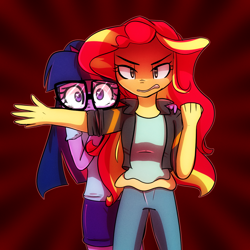 Size: 1000x1000 | Tagged: safe, artist:little-tweenframes, derpibooru import, sci-twi, sunset shimmer, twilight sparkle, series:sciset diary, equestria girls, angry, broken glasses, crying, deleted from derpibooru, female, lesbian, looking at you, protecting, scitwishimmer, shipping, sunsetsparkle, this will end in pain