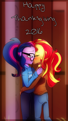 Size: 1080x1920 | Tagged: safe, artist:little-tweenframes, derpibooru import, sci-twi, sunset shimmer, twilight sparkle, series:sciset diary, equestria girls, blushing, clothes, deleted from derpibooru, eyes closed, female, glasses, lesbian, lidded eyes, scitwishimmer, shipping, sunsetsparkle, sweater, thanksgiving
