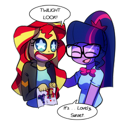 Size: 1000x1000 | Tagged: safe, artist:little-tweenframes, derpibooru import, sci-twi, sunset shimmer, twilight sparkle, series:sciset diary, equestria girls, adorkable, clothes, cute, deleted from derpibooru, dork, drawing, excited, female, lesbian, scitwishimmer, shimmerbetes, shipping, simple background, starry eyes, sunsetsparkle, transparent background, wingding eyes