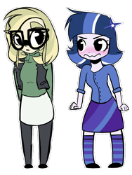 Size: 600x800 | Tagged: safe, artist:little-tweenframes, derpibooru import, oc, oc only, oc:phoenix feather, oc:vespera, equestria girls, clothes, deleted from derpibooru, duo, equestria girls-ified, next generation, offspring, parent:flash sentry, parent:sunset shimmer, parent:timber spruce, parent:twilight sparkle, parents:flashlight, simple background, socks, striped socks, transparent background