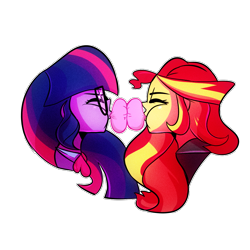 Size: 1000x1000 | Tagged: safe, artist:little-tweenframes, derpibooru import, sci-twi, sunset shimmer, twilight sparkle, series:sciset diary, equestria girls, bubblegum, cute, deleted from derpibooru, female, food, gum, lesbian, scitwishimmer, shipping, simple background, sunsetsparkle, transparent background