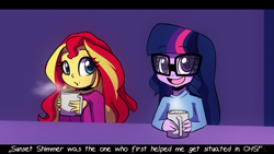 Size: 1280x720 | Tagged: safe, artist:little-tweenframes, derpibooru import, sci-twi, sunset shimmer, twilight sparkle, series:sciset diary, equestria girls, chocolate, clothes, cute, deleted from derpibooru, female, food, glasses, hot chocolate, lesbian, scitwishimmer, shimmerbetes, shipping, sunsetsparkle, sweater, twiabetes